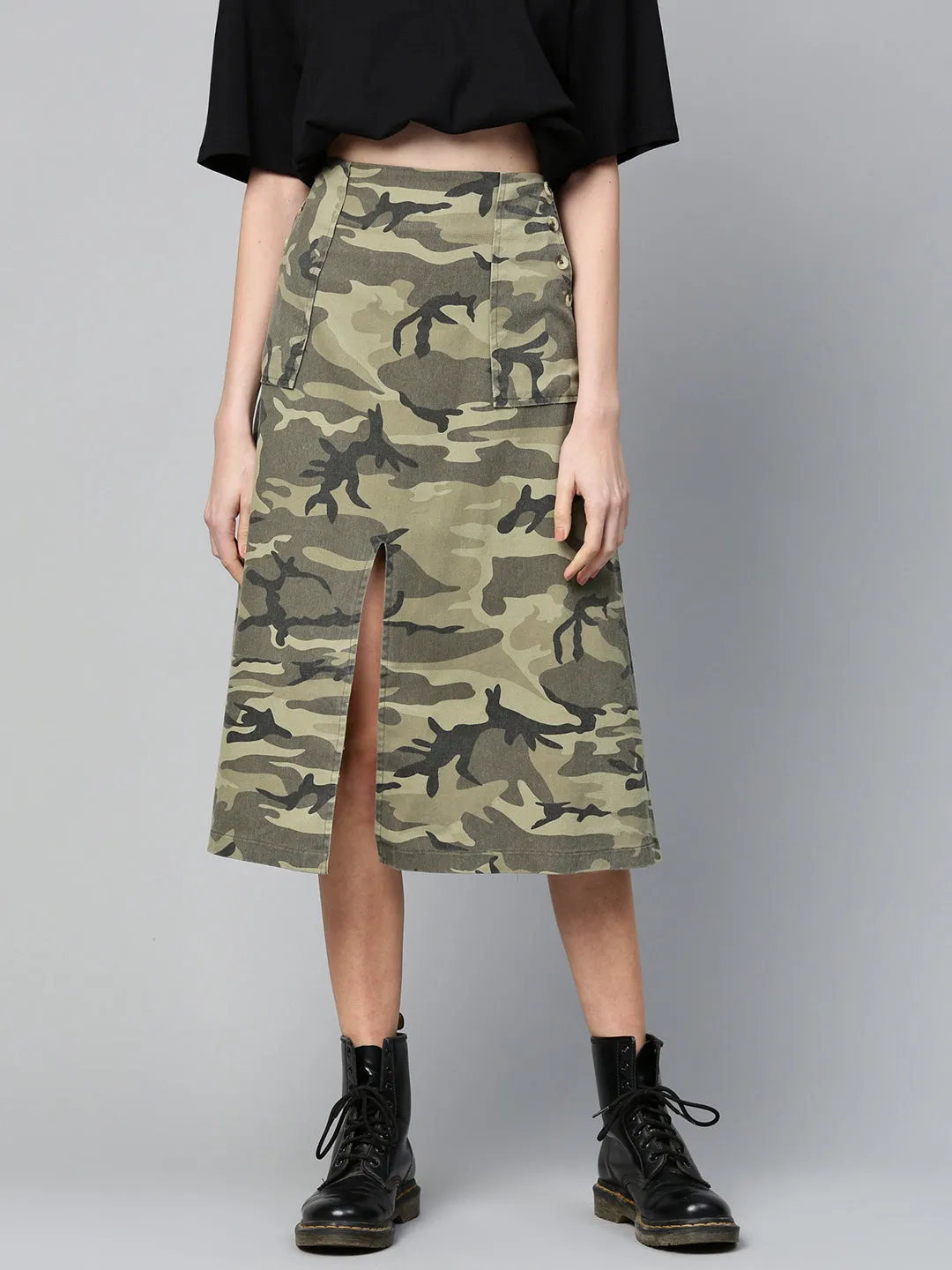 Women Green Camouflage Twill Front Slit Skirt