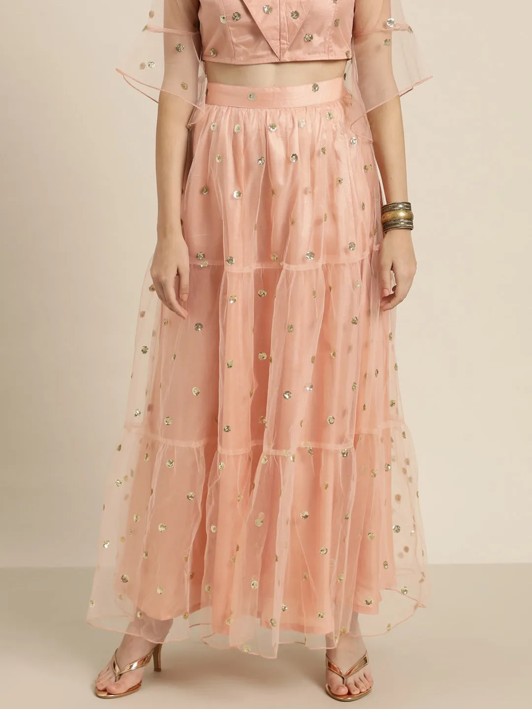 Women Peach Tulle Sequins Tiered Skirt