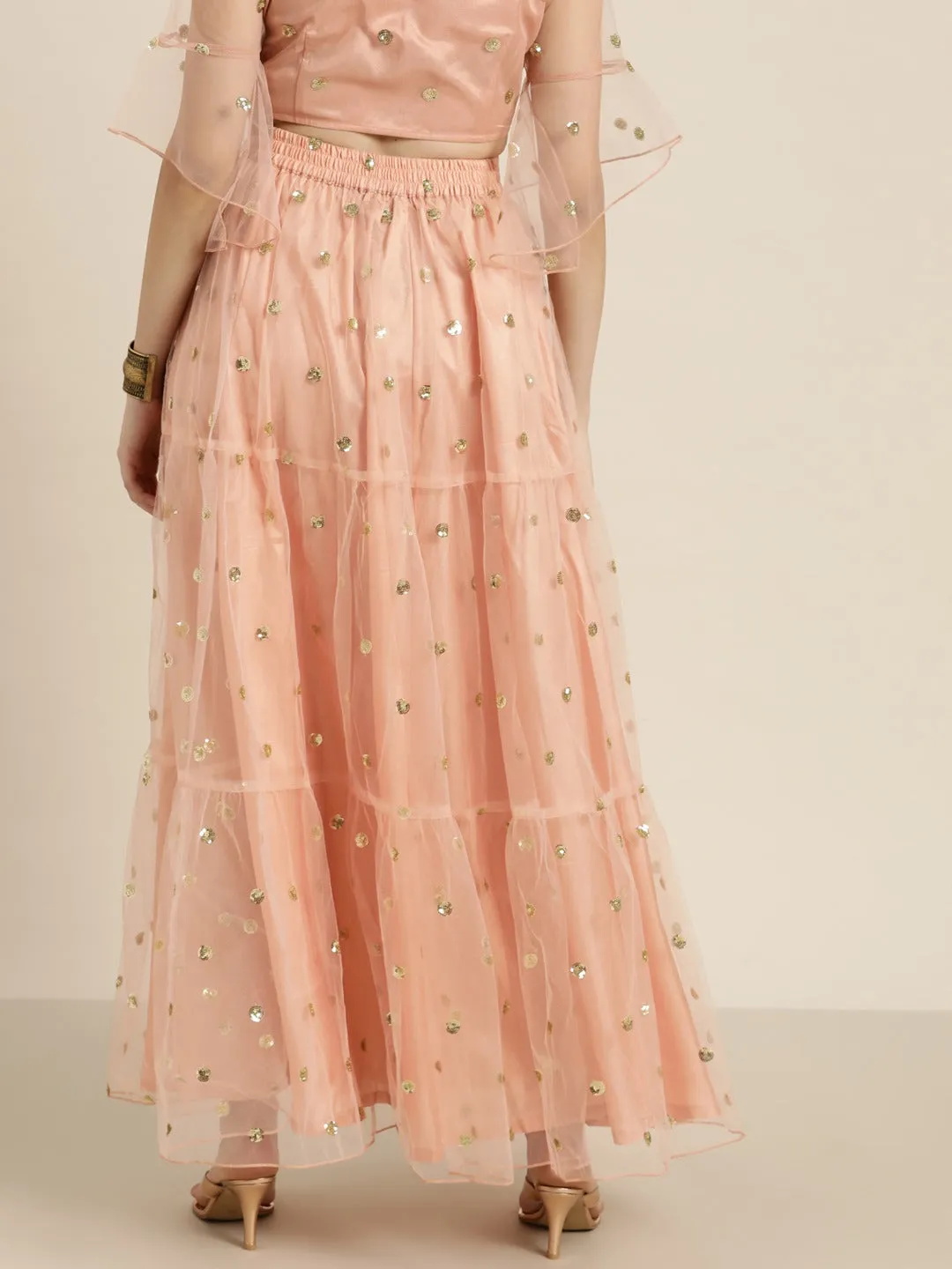 Women Peach Tulle Sequins Tiered Skirt