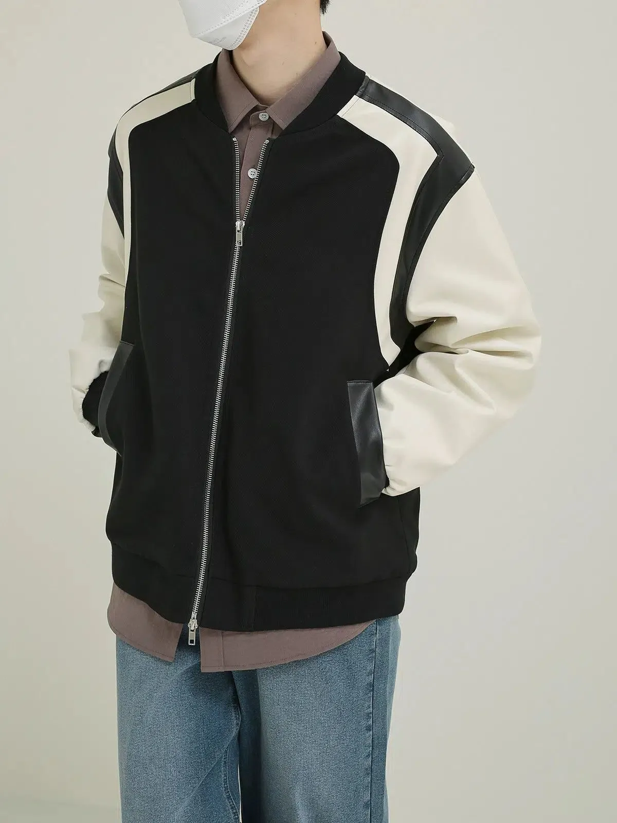 Zhou Spliced Leather Contrast Bomber Jacket