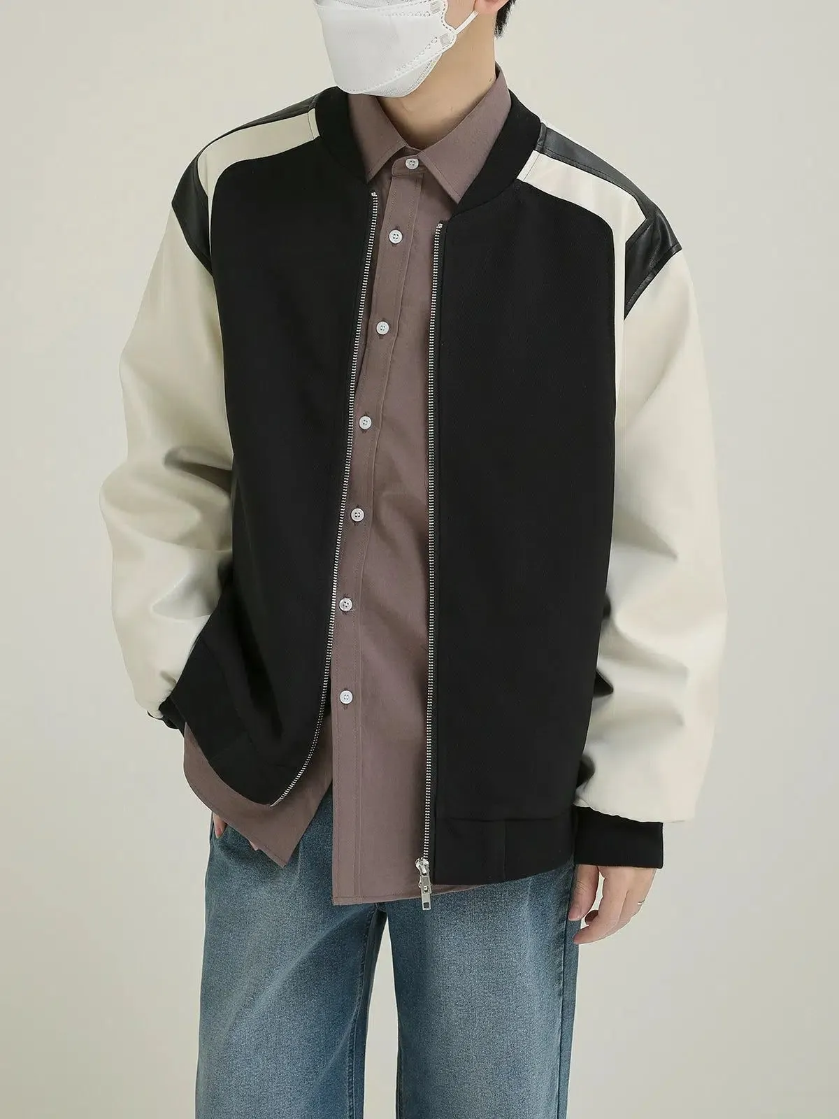 Zhou Spliced Leather Contrast Bomber Jacket